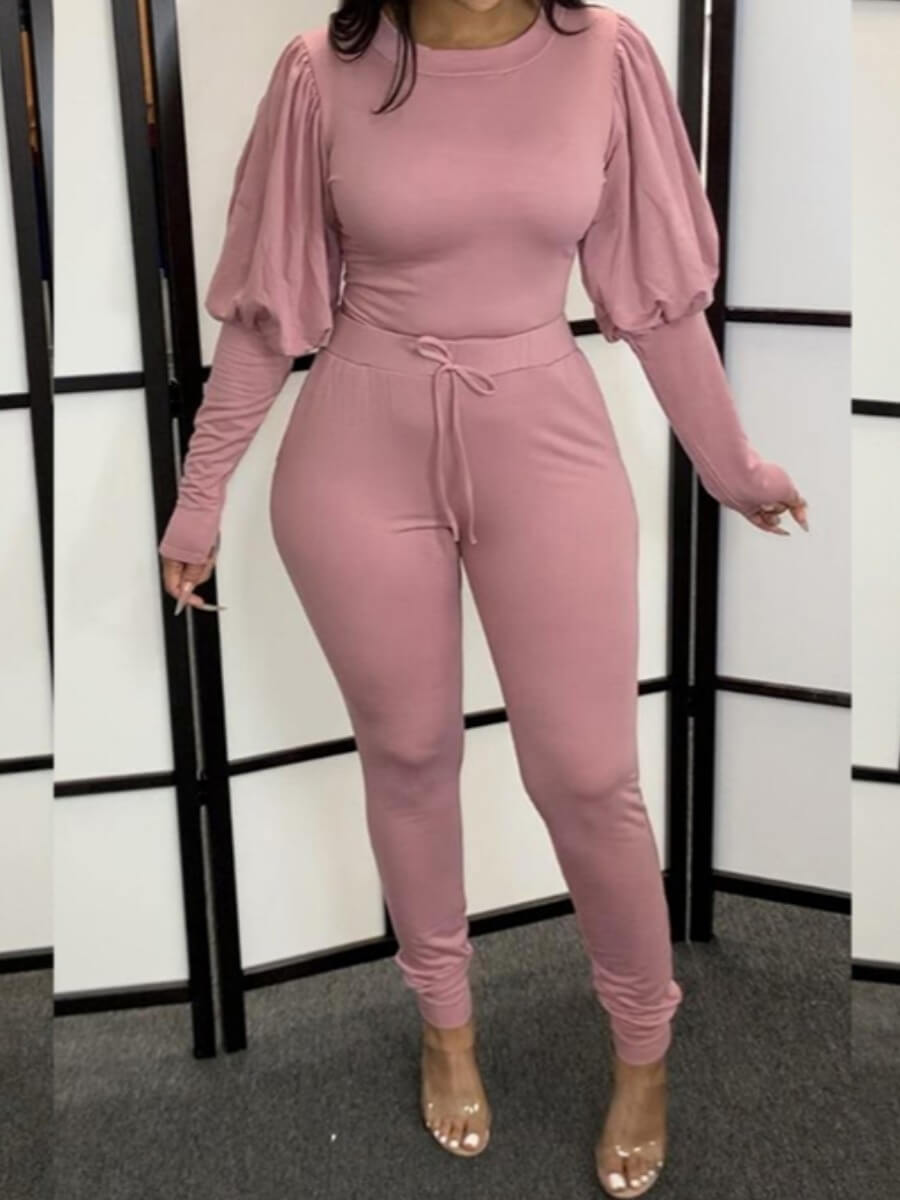 LW Leisure Puffed Sleeves Drawstring Pink Two Piece Pants Set