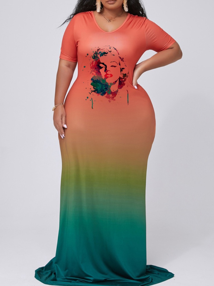 

lovely Casual V Neck Gradient Print Multicolor Maxi Plus Size Dress, Multi