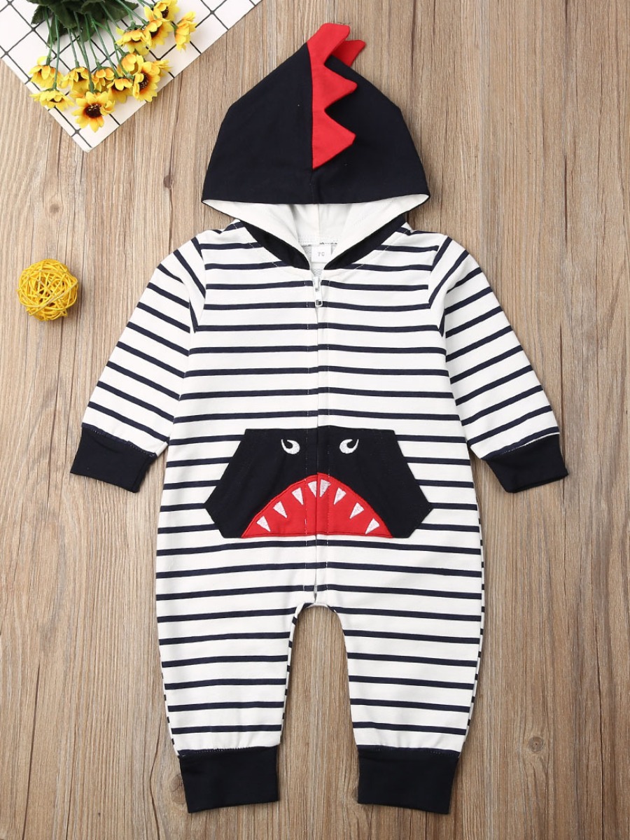 

lovely Leisure Hooded Collar Striped Print White Boy One-piece Jumpsuit