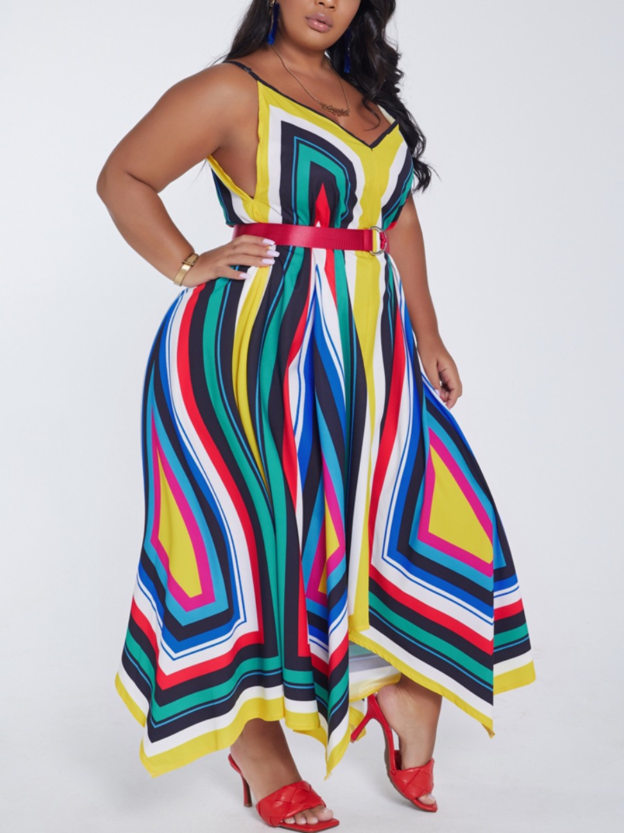 

Lovely Trendy Spaghetti Strap Striped Print Asymmetrical Yellow Maxi Plus Size Dress