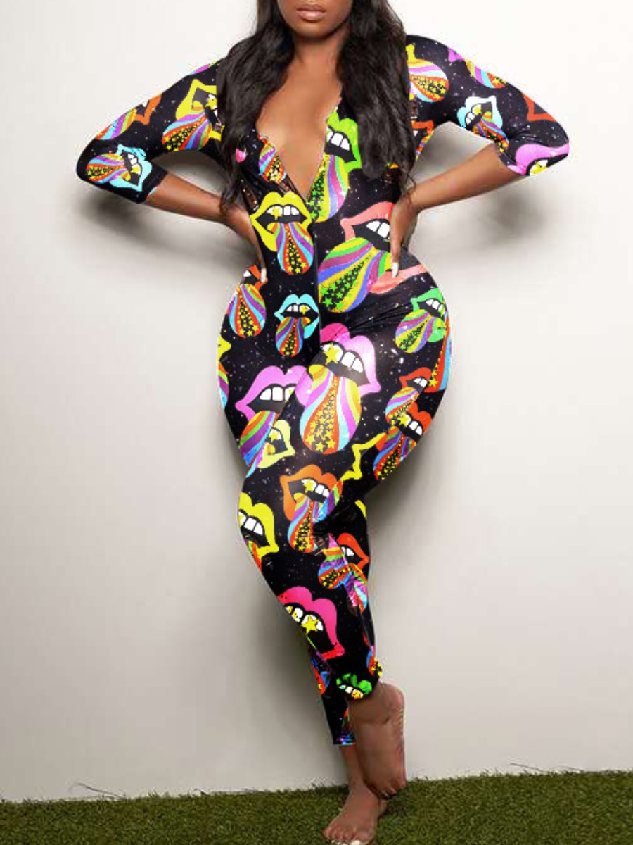 

lovely Sportswear Lip Print Black One-piece Jumpsuit