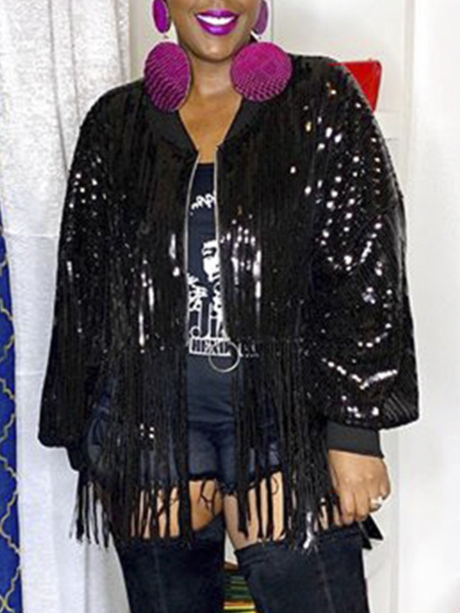 

lovely Casual Sequined Tassel Design Black Coat