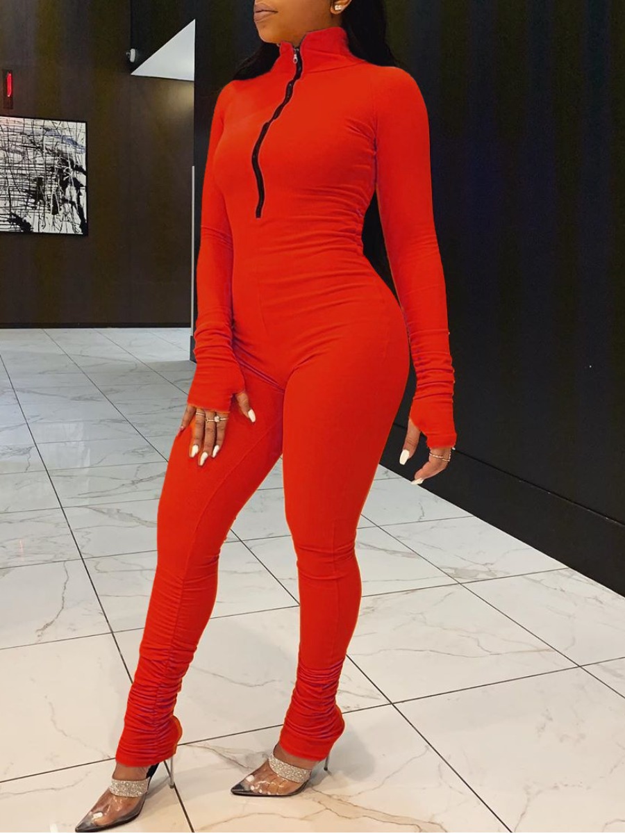 

lovely Sportswear Zipper Design Red One-piece Jumpsuit
