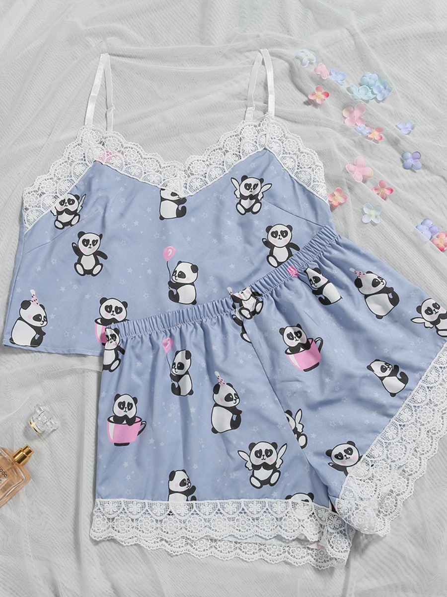 

lovely Sexy Lace Cartoon Print Blue Sleepwear