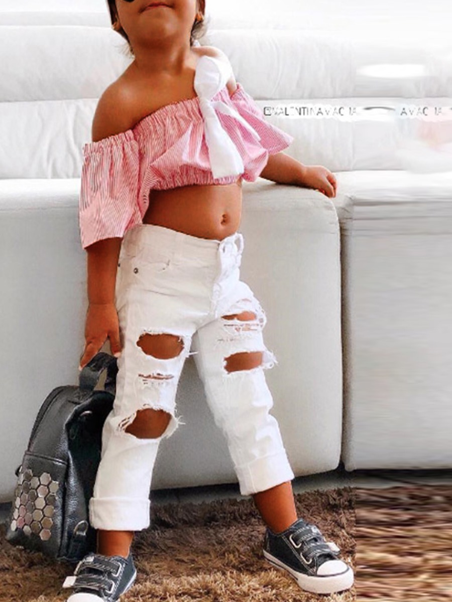 

lovely Stylish Dew Shoulder Striped Red Girl Two-piece Pants Set