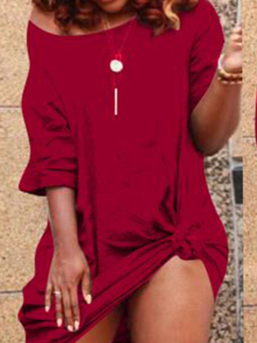 

Lovely Casual Knot Design Wine Red Blending Knee Length Dress