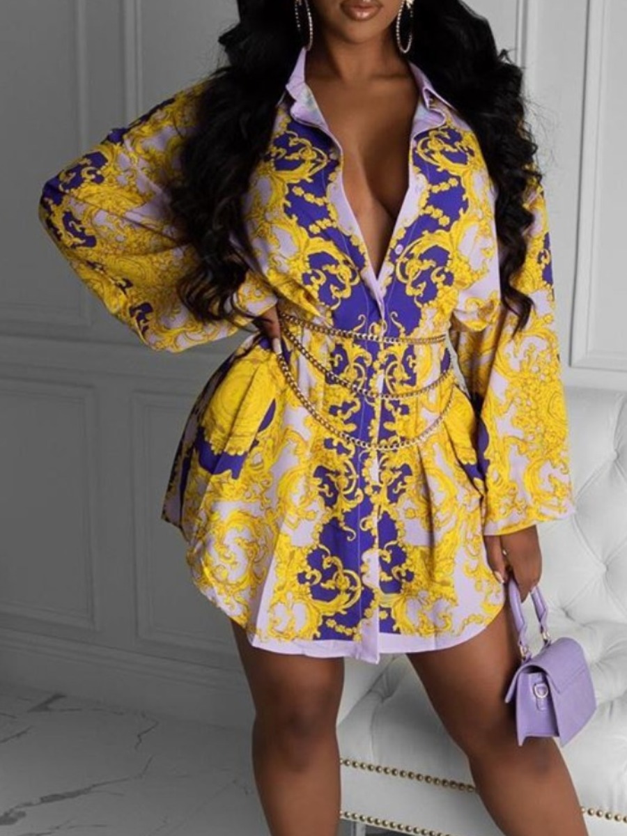 

Lovely Casual Turndown Collar Versace Print Yellow Mini Dress