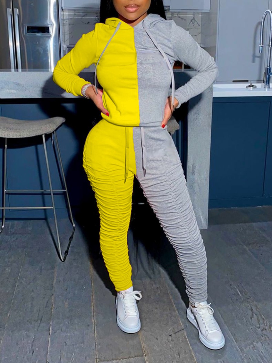 

lovely Sportswear Hooded Collar Patchwork Fold Design Yellow Two Piece Pants Set