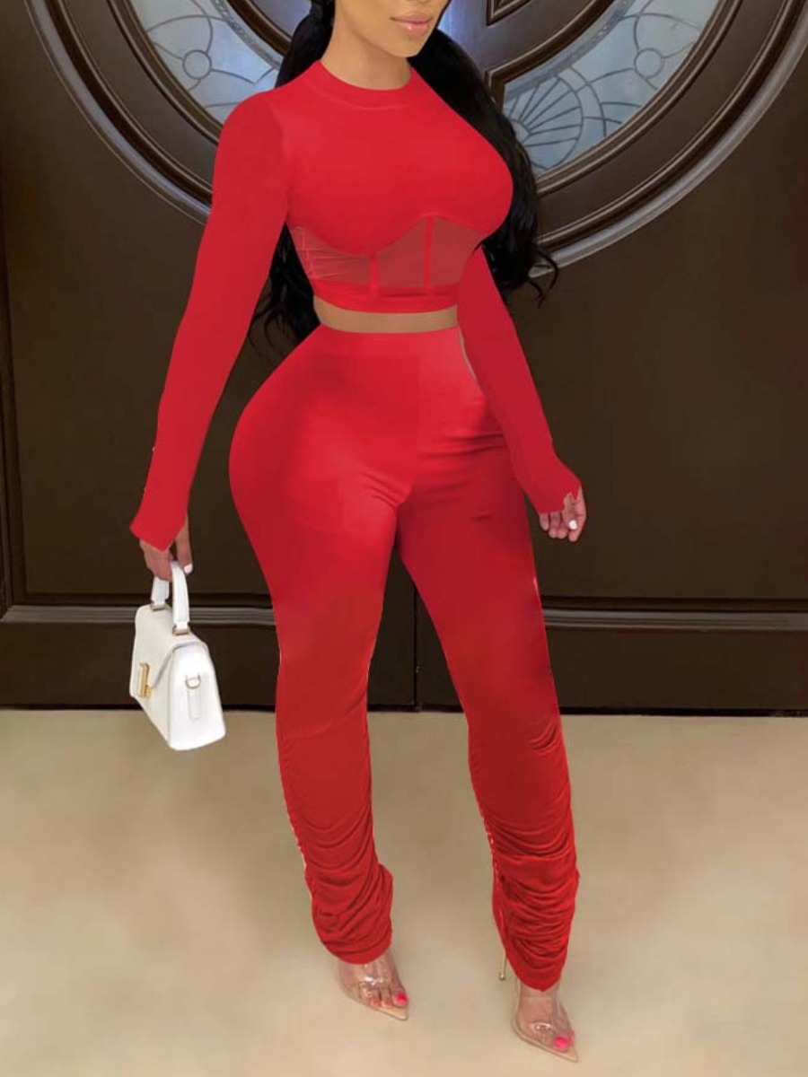 

lovely Sportswear O Neck Patchwork Fold Design Red Two Piece Pants Set