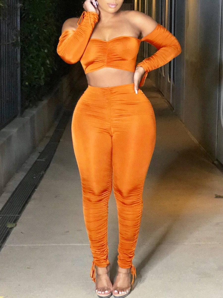 

lovely Sexy Dew Shoulder Fold Design Orange Yellow Two Piece Pants Set