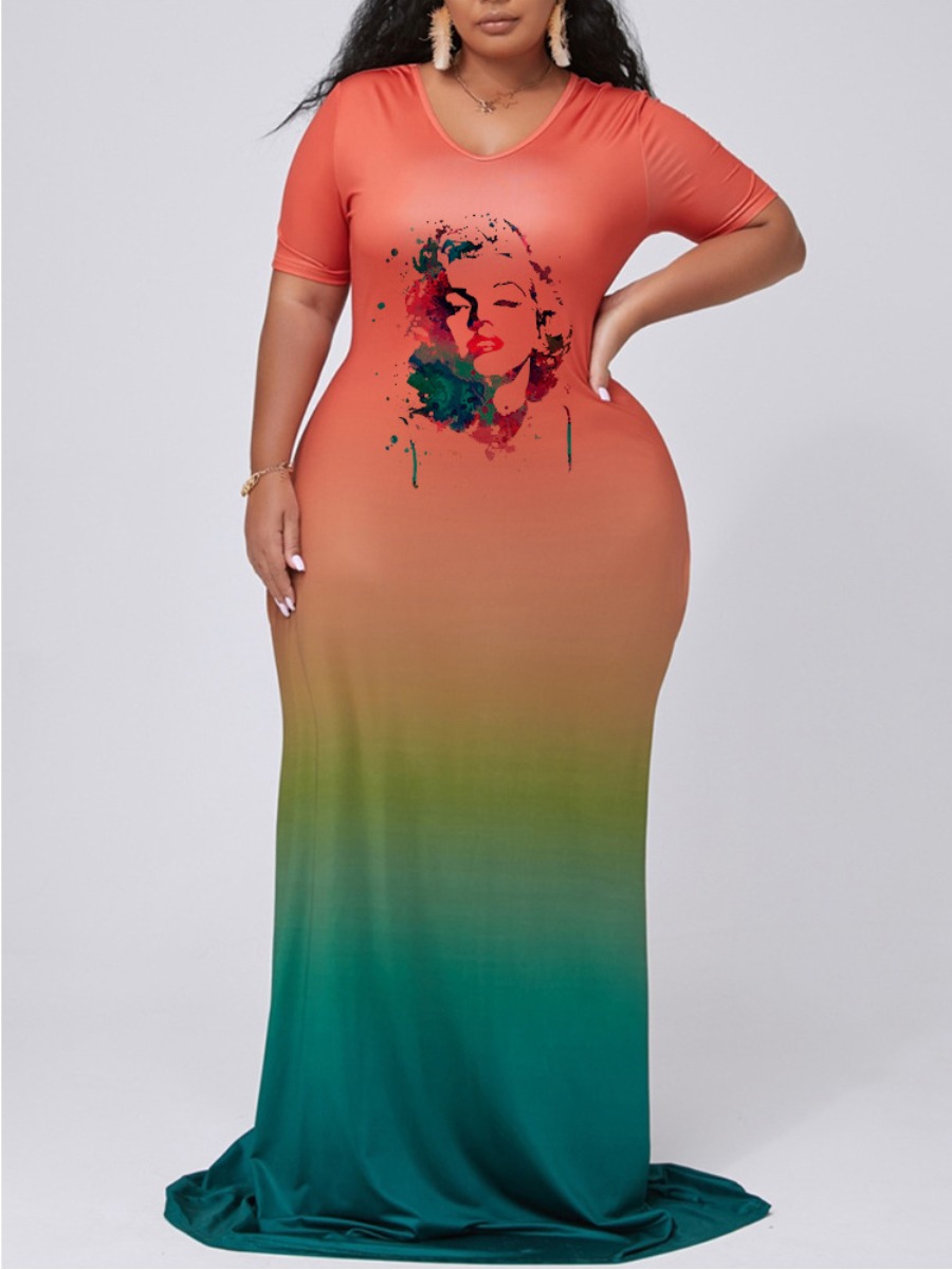 

lovely Casual O Neck Gradient Print Orange Maxi Dress