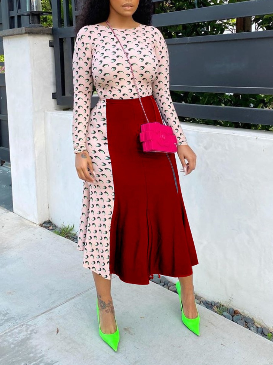 

lovely Stylish O Neck Print Patchwork Red Two Piece Skirt Set