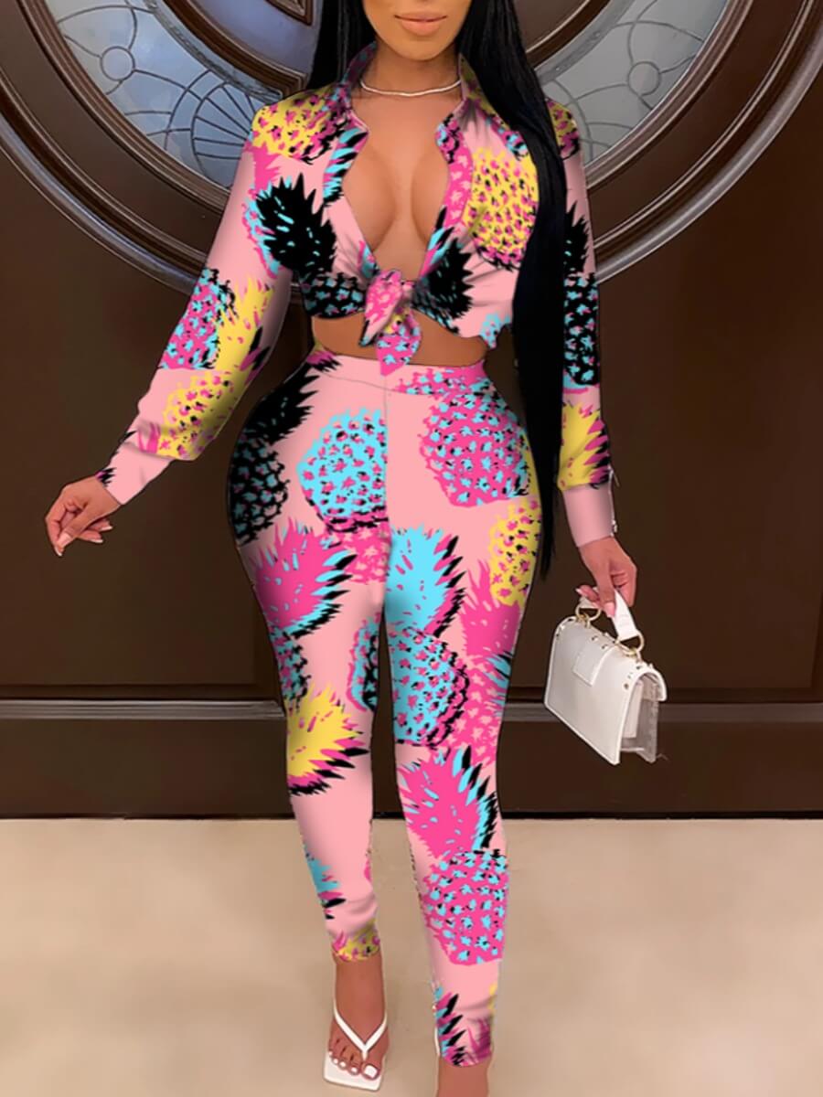 

Lovely Leisure Print Knot Design Multicolor Two Piece Pants Set, Multi