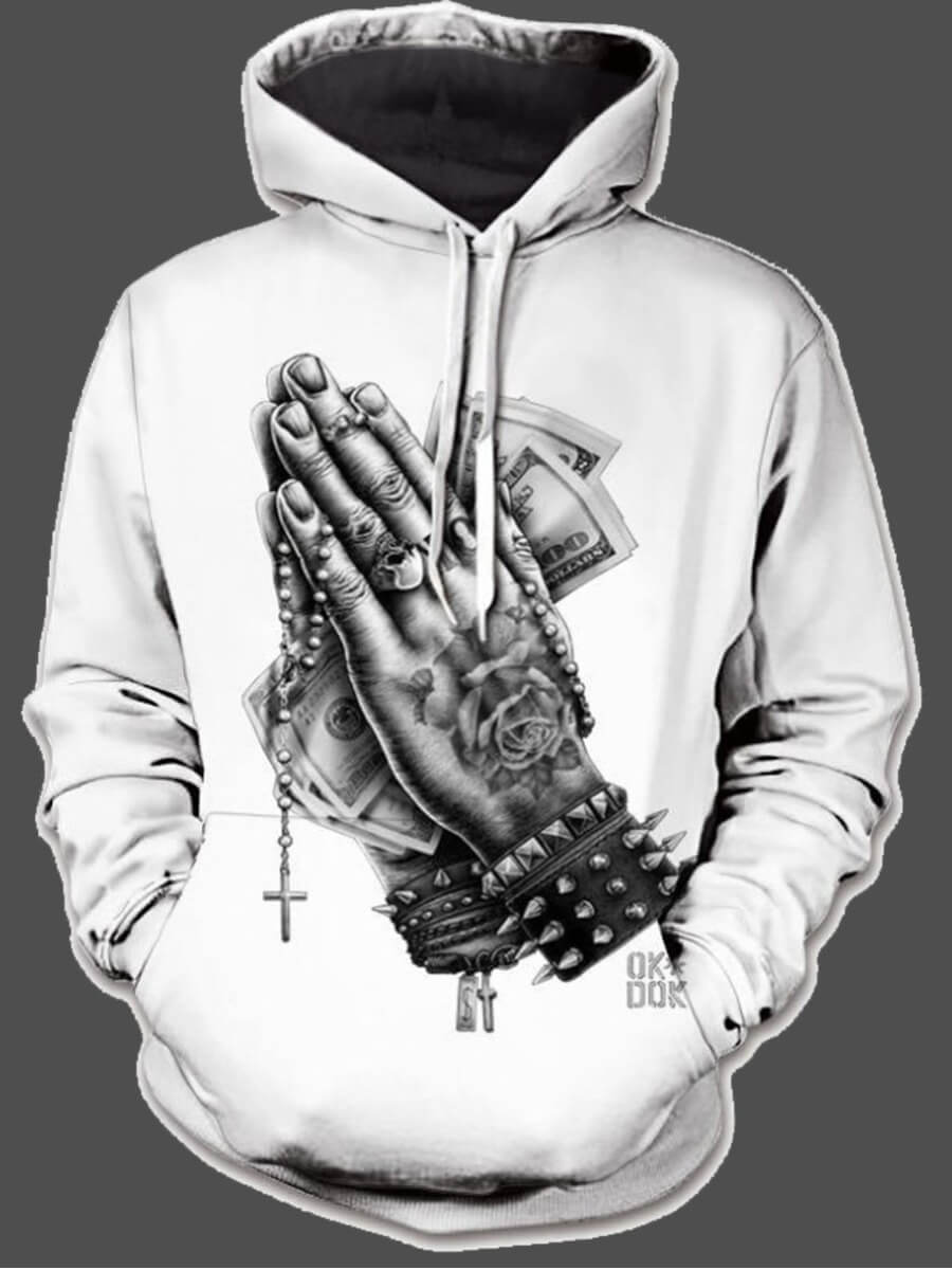 LW Men Hooded Collar Figure Money Print Hoodie