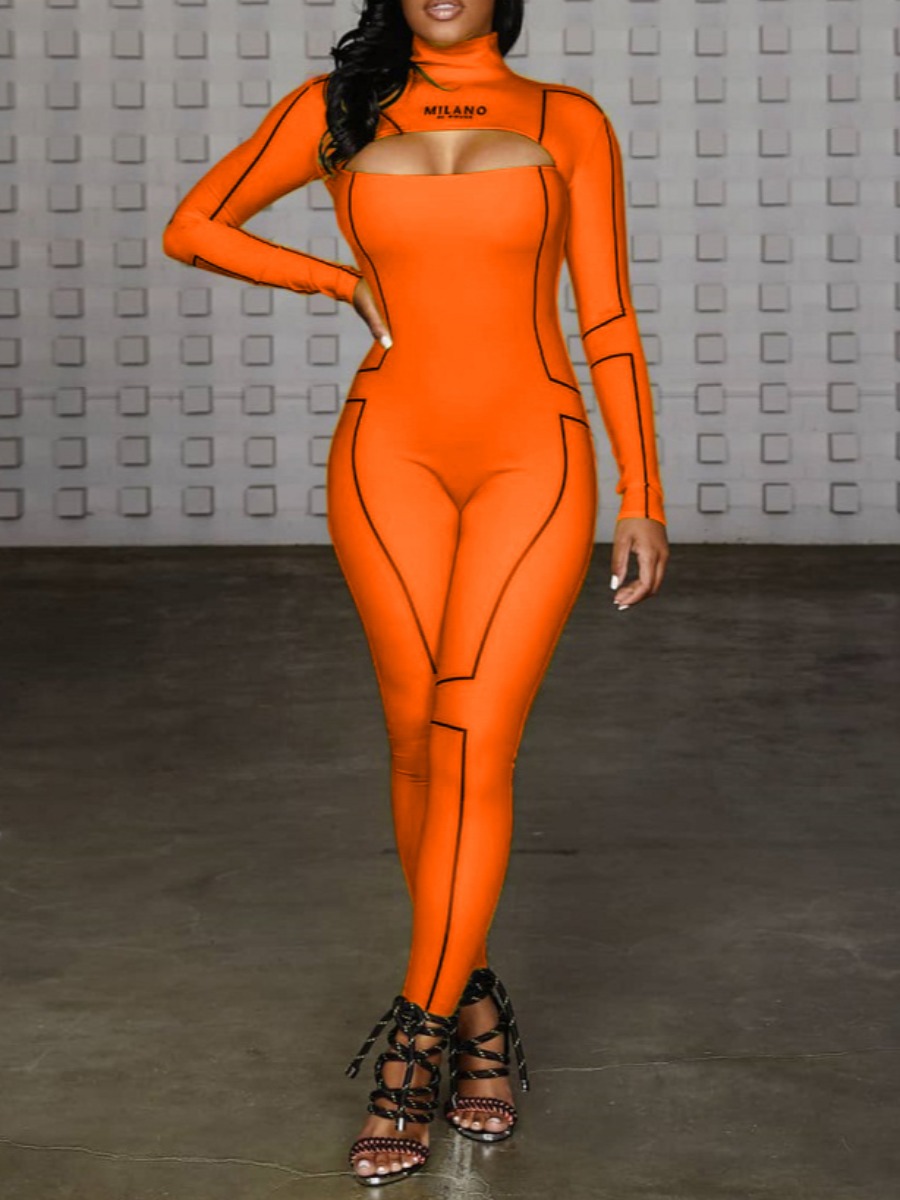 

lovely Sportswear Turtleneck Patchwork Croci One-piece Jumpsuit