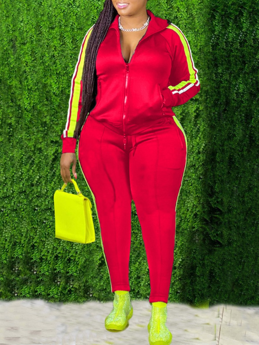 

Lovely Casual Hooded Collar Patchwork Red Plus Size Two-piece Pants Set