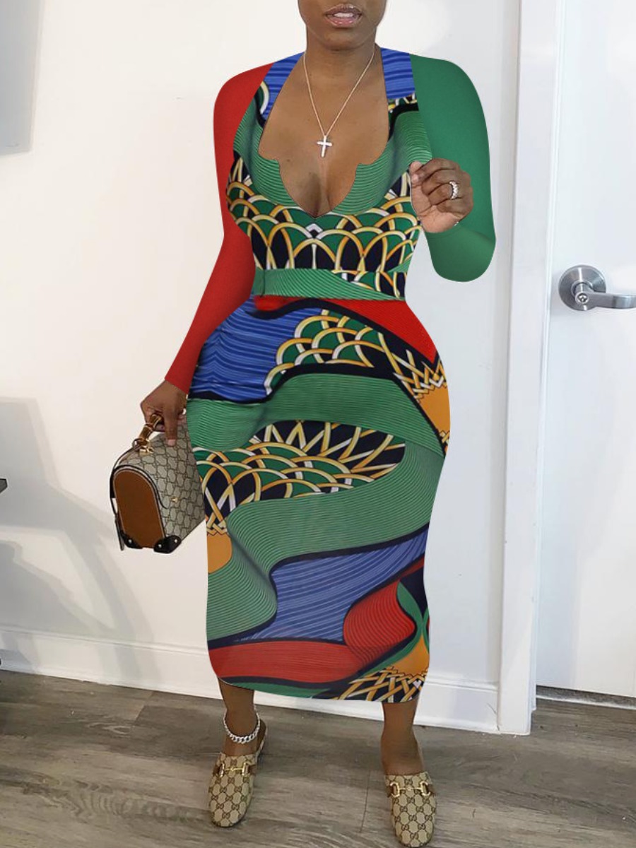 

lovely Trendy Print Skinny Green Mid Calf Dress