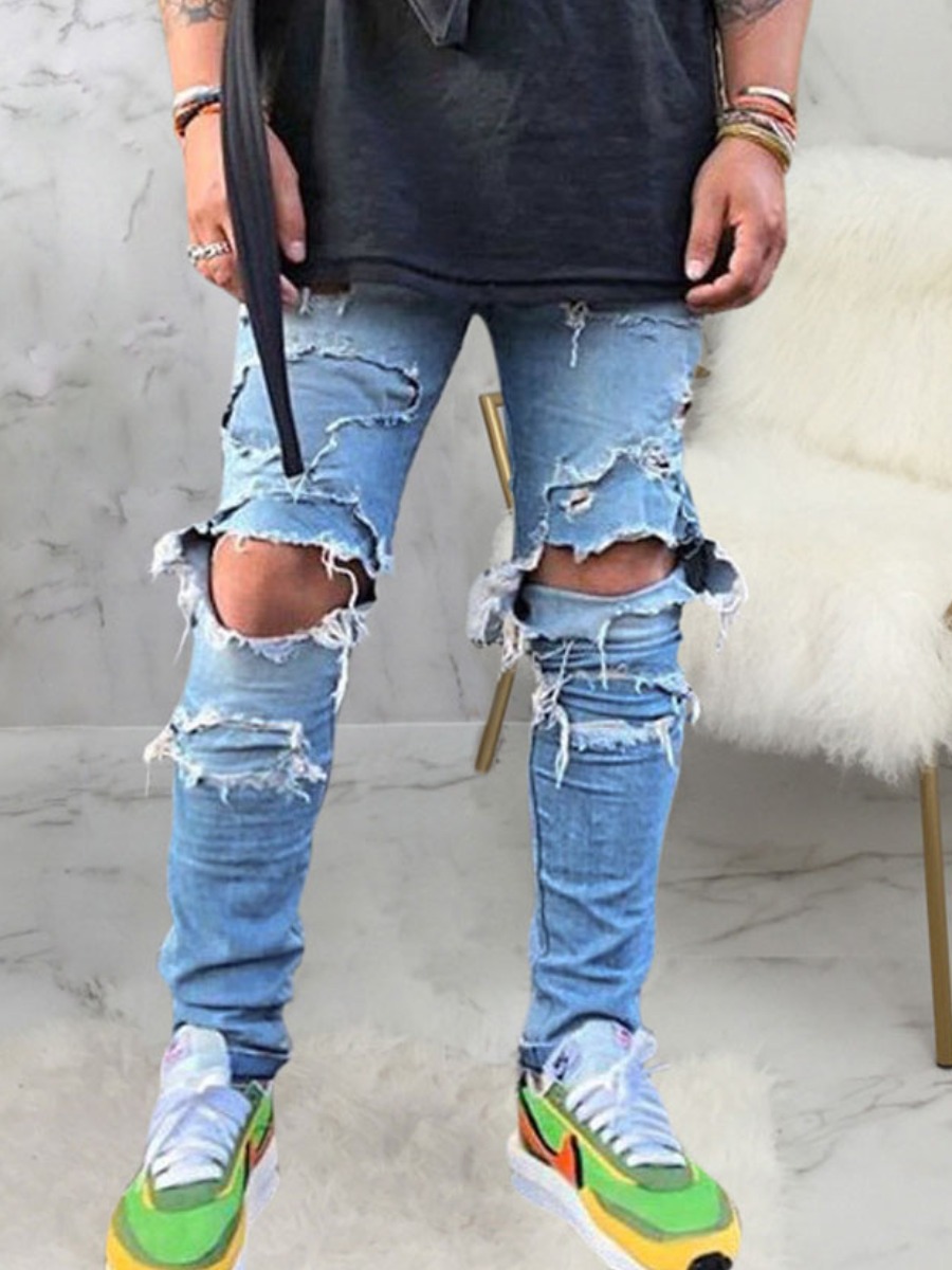 

lovely Stylish Broken Holes Baby Blue Men Jeans