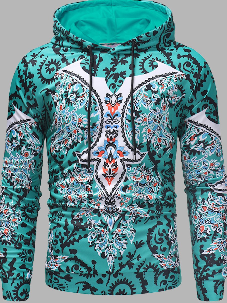 

Lovely Bohemian Hooded Collar Print Green Men Hoodie