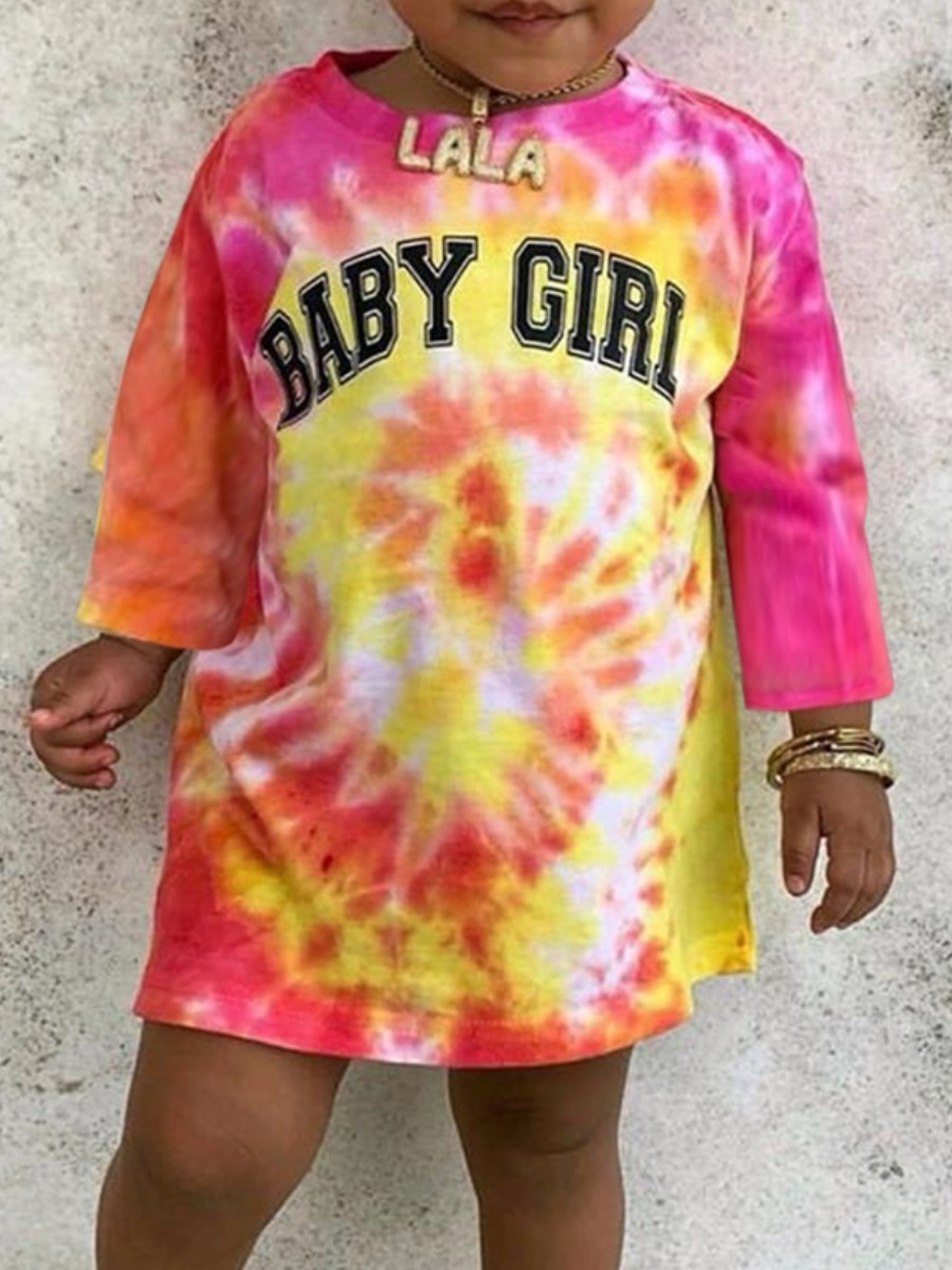 

Lovely Street O Neck Tie-dye Yellow Girl Mini Dress