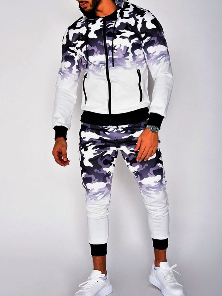 

lovely Sportswear Hooded Collar Print White Men Two-piece Pants Set