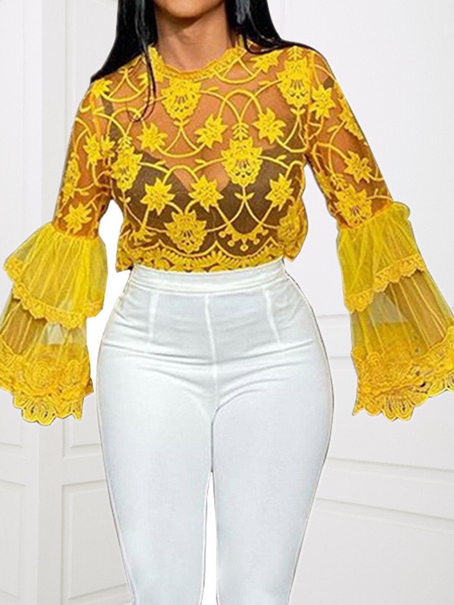 

lovely Stylish O Neck See-through Yellow Blouse