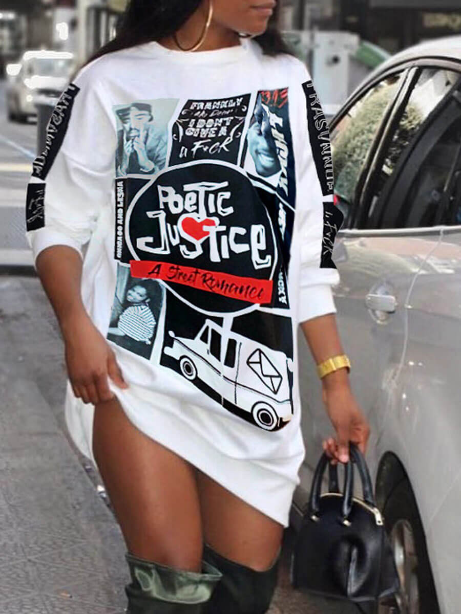 

Lovely Street O Neck Print White Knee Length Dress