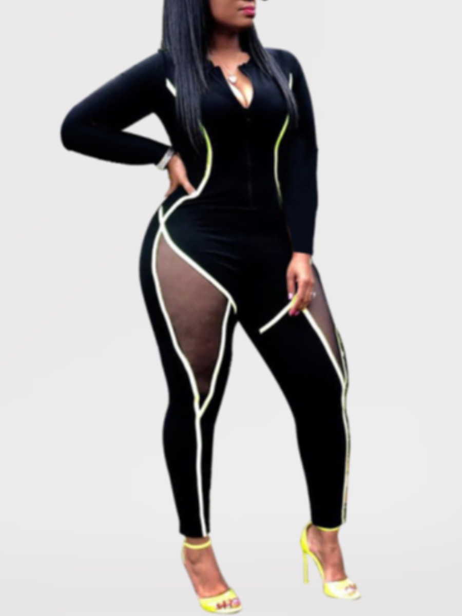 

lovely Sportswear Patchwork Black One-piece Jumpsuit