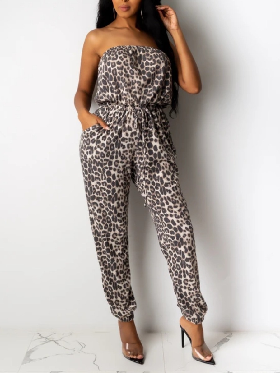 

lovely Leisure Dew Shoulder Leopard Print One-piece Jumpsuit