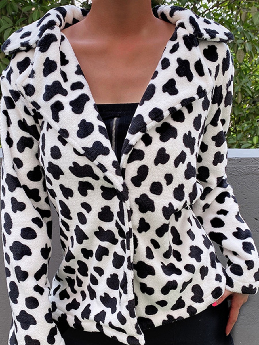 

lovely Trendy Turndown Collar Print Black Coat