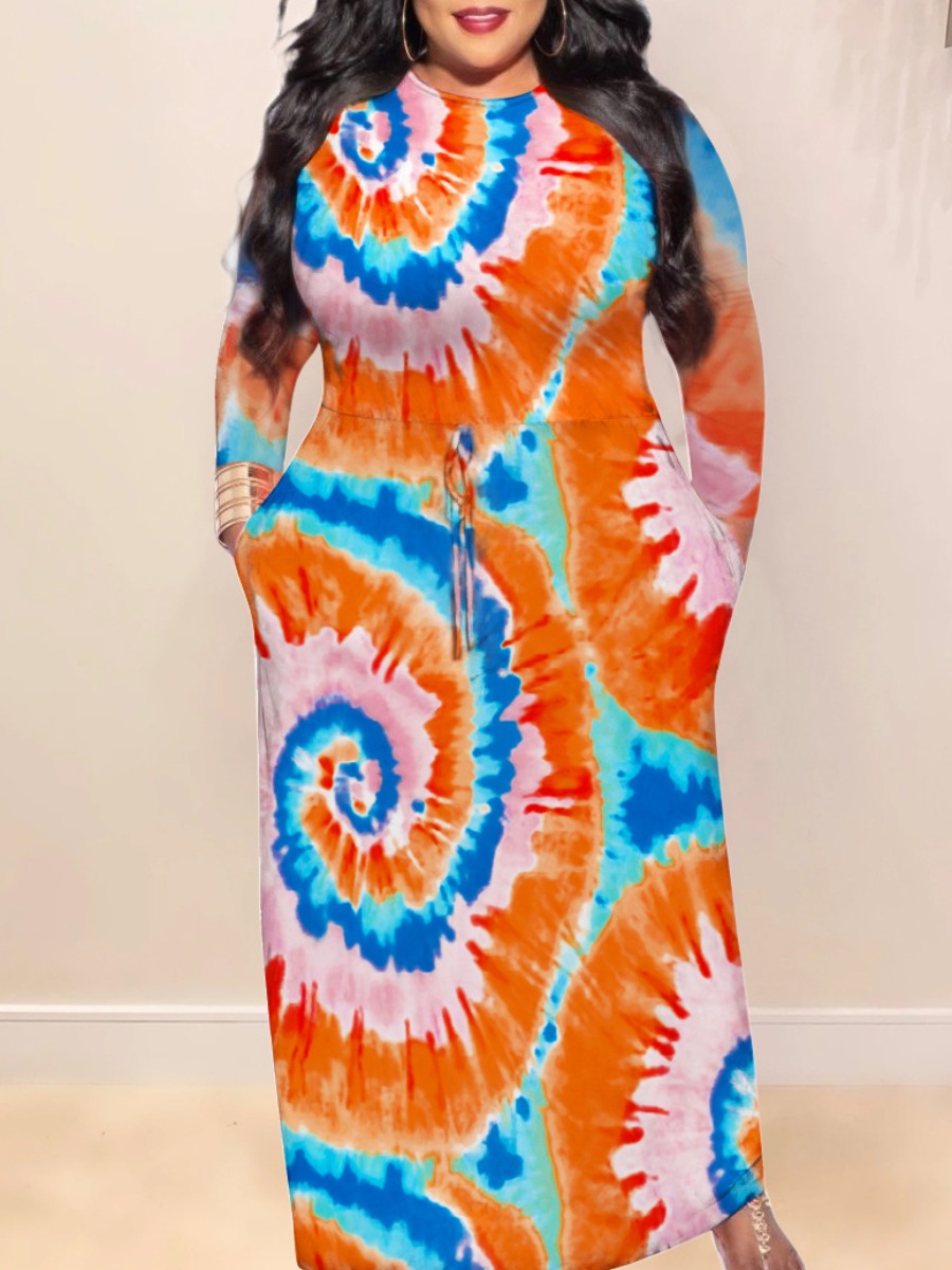 

lovely Casual O Neck Tie-dye Red Maxi Plus Size Dress