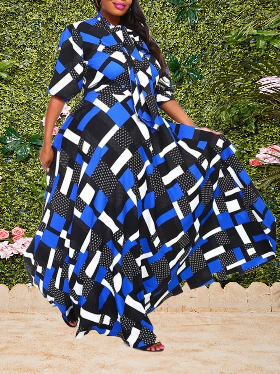 

lovely Stylish Print Blue Maxi Plus Size Dress