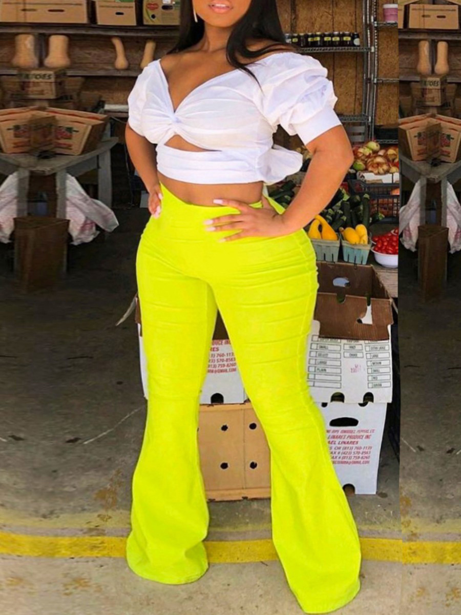 

Lovely Trendy Knot Design Hollow-out Yellow Plus Size Two-piece Pants Set