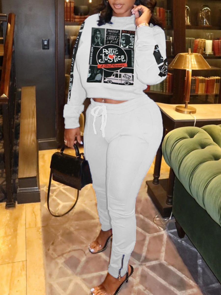 

Lovely Leisure O Neck Print White Two Piece Pants Set