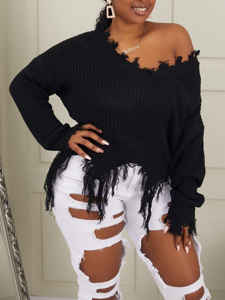 

Lovely Leisure V Neck Asymmetrical Black Sweater