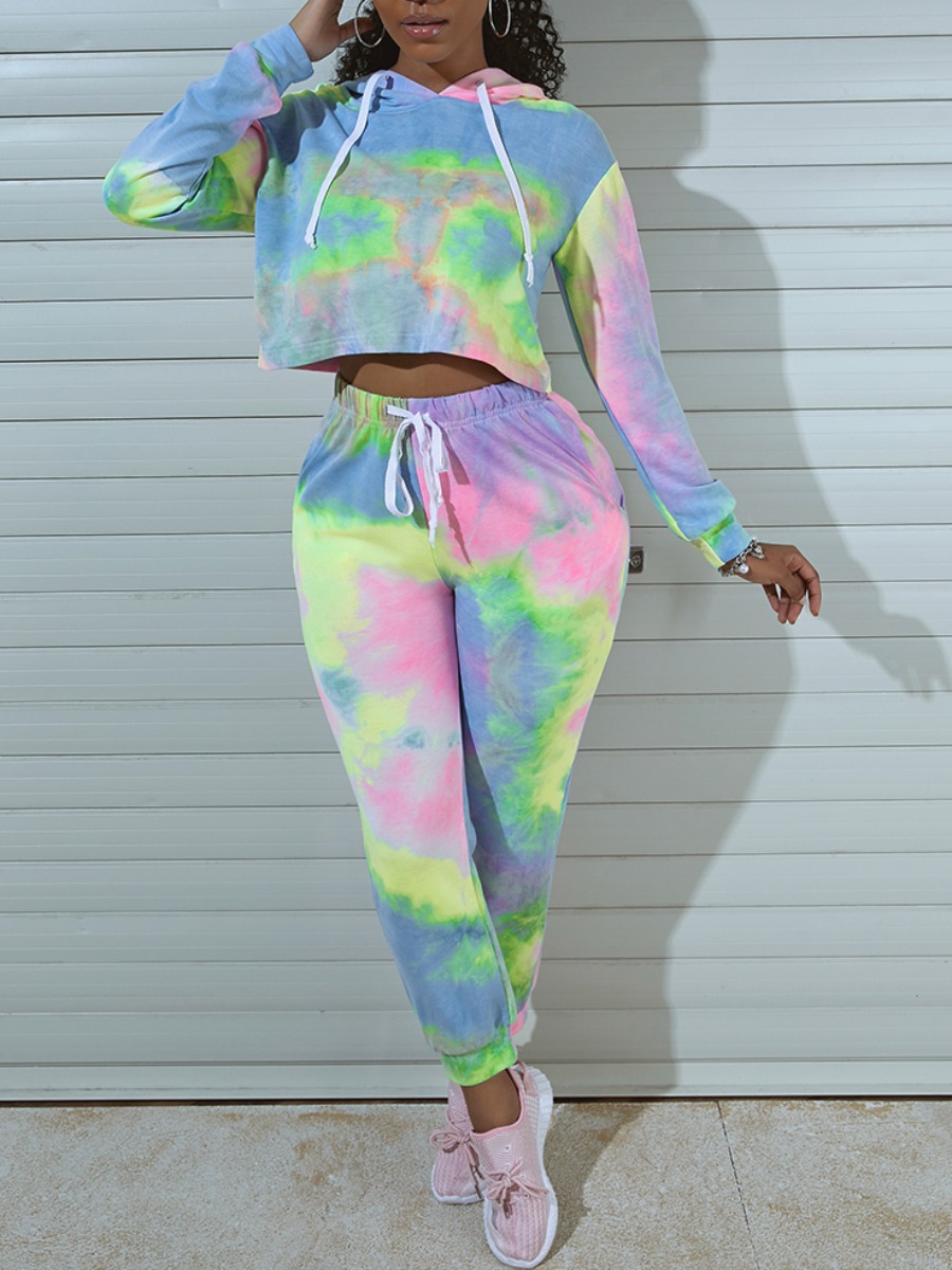 

lovely Stylish Hooded Collar Tie Dye Multicolor Two Piece Pants Set, Multi