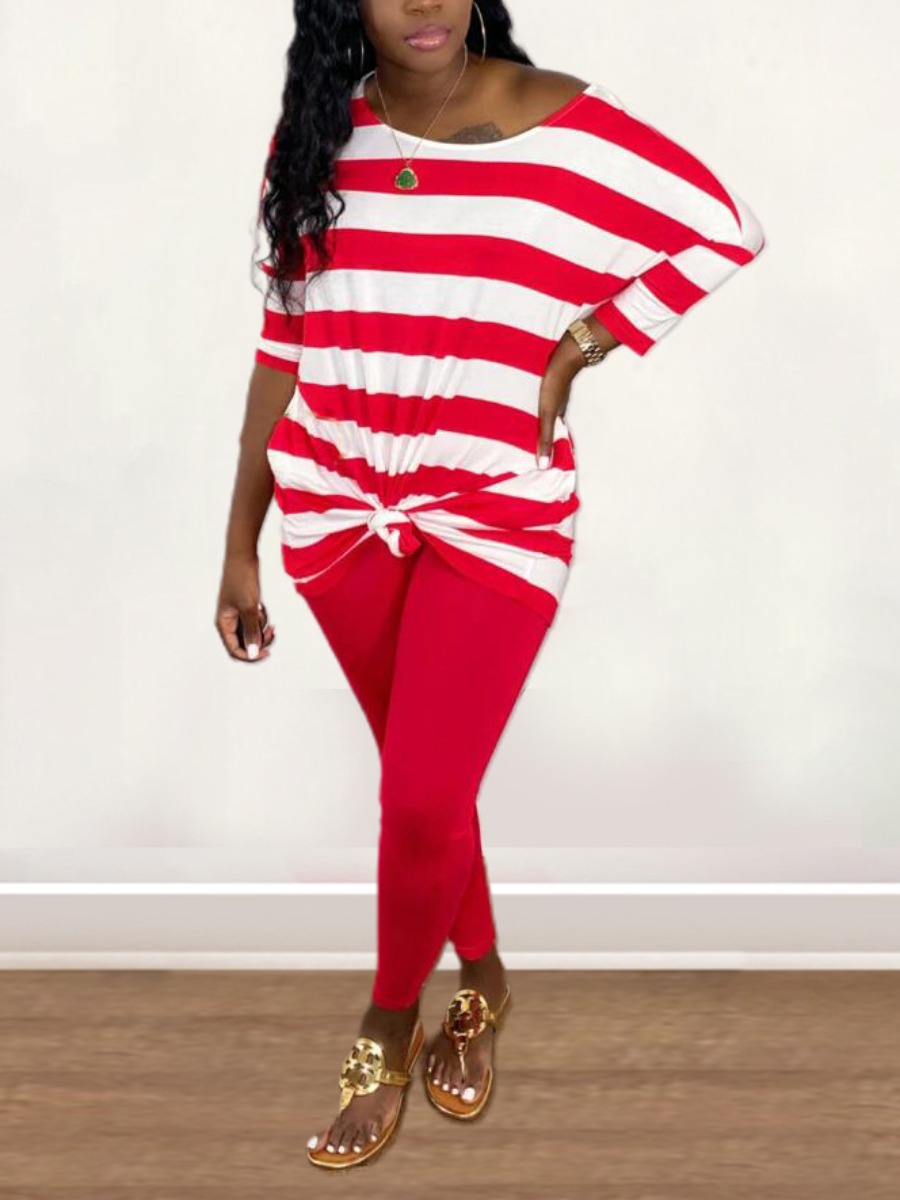 

lovely Casual O Neck Striped Red Two Piece Pants Set