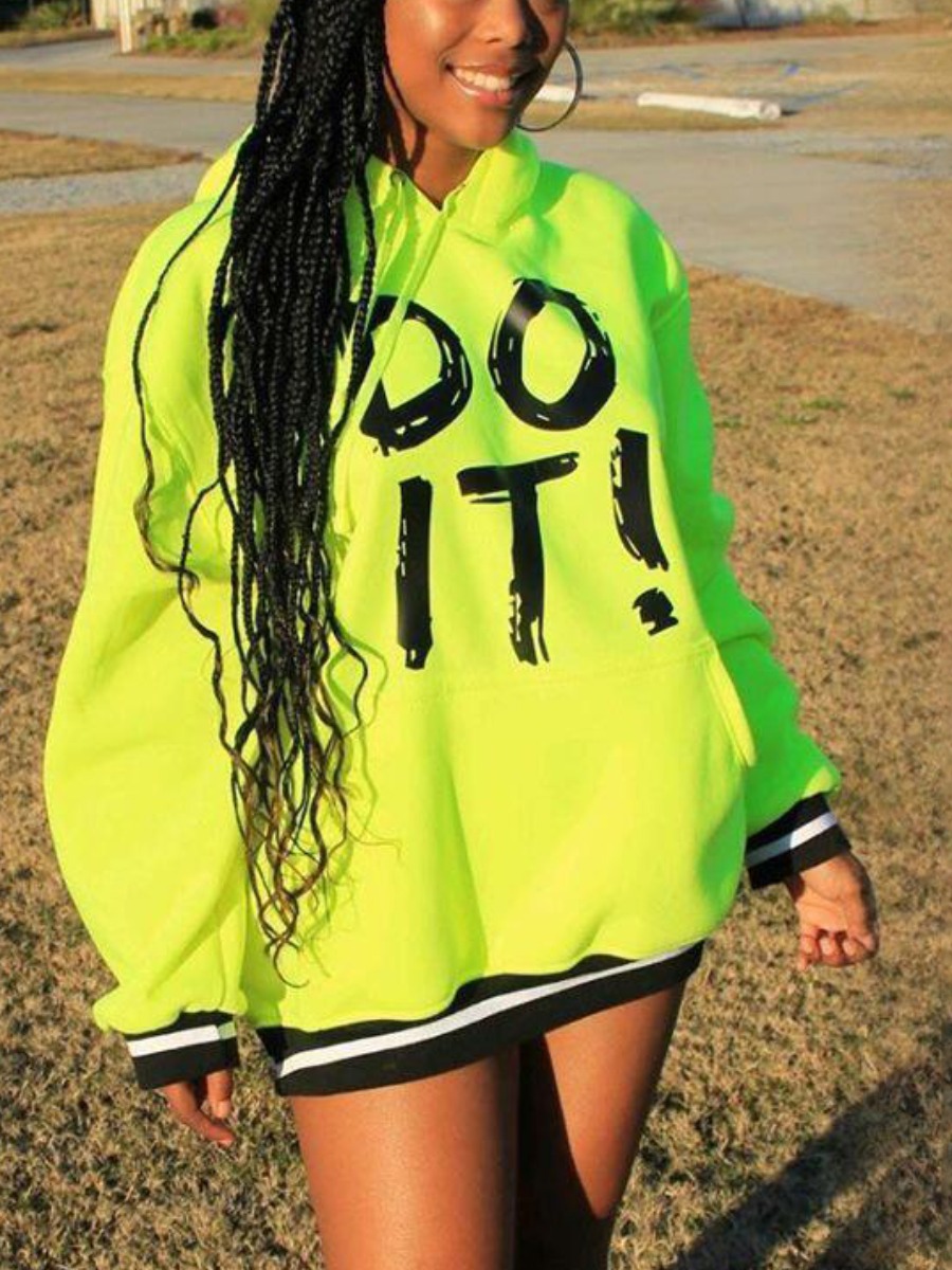 

lovely Street Hooded Collar Letter Print Green Mini Dress