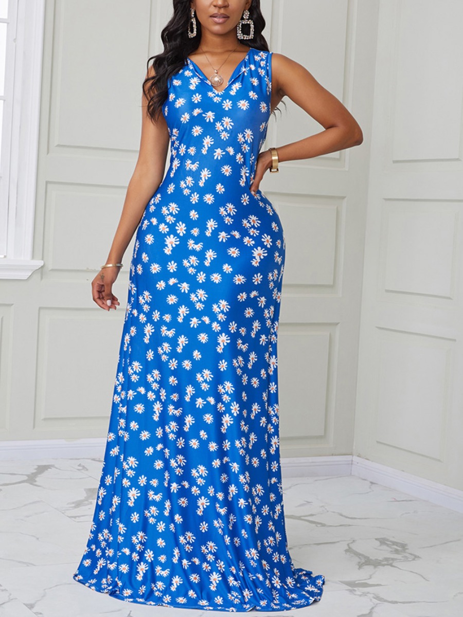 

lovely Stylish V Neck Floral Print Blue Maxi Dress