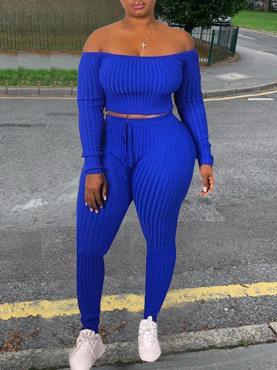 

lovely Casual Dew Shoulder Striped Blue Two Piece Pants Set