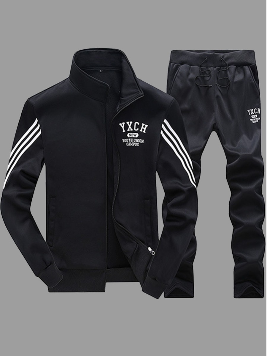 

lovely Stylish Patchwork Zipper Design Black Men Two-piece Pants Set