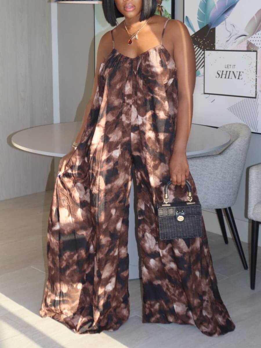 

lovely Stylish Spaghetti Strap Print Brown One-piece Jumpsuit