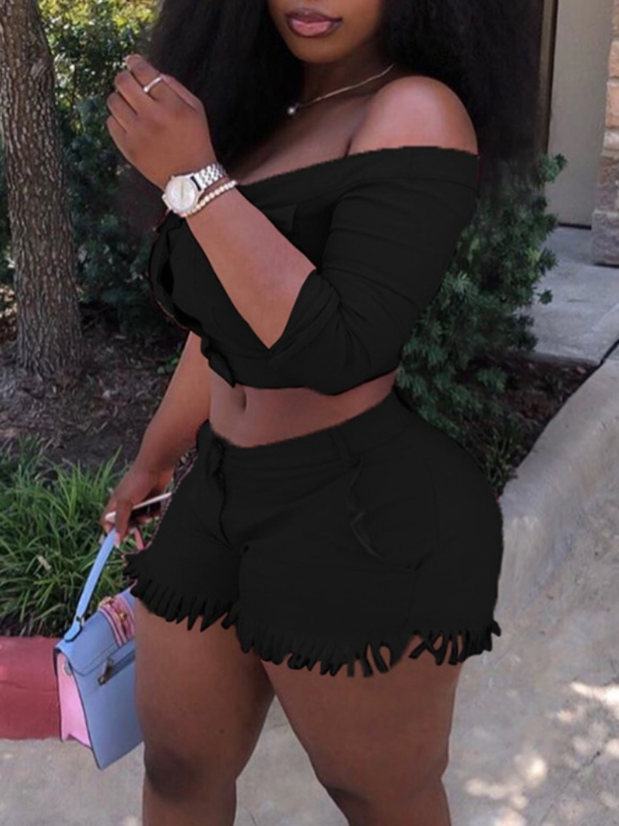 

lovely Trendy Dew Shoulder Tassel Design Black Plus Size Two-piece Shorts Set
