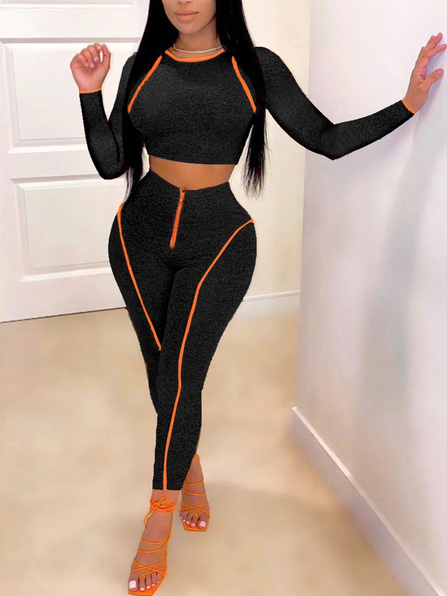 

lovely Sportswear O Neck Patchwork Black Two Piece Pants Set