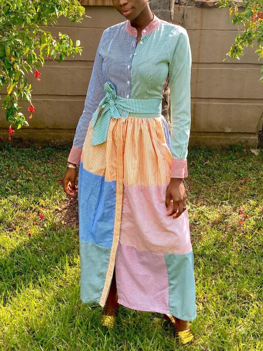 Lovely Casual Striped Patchwork Multicolor Ankle Length Dress