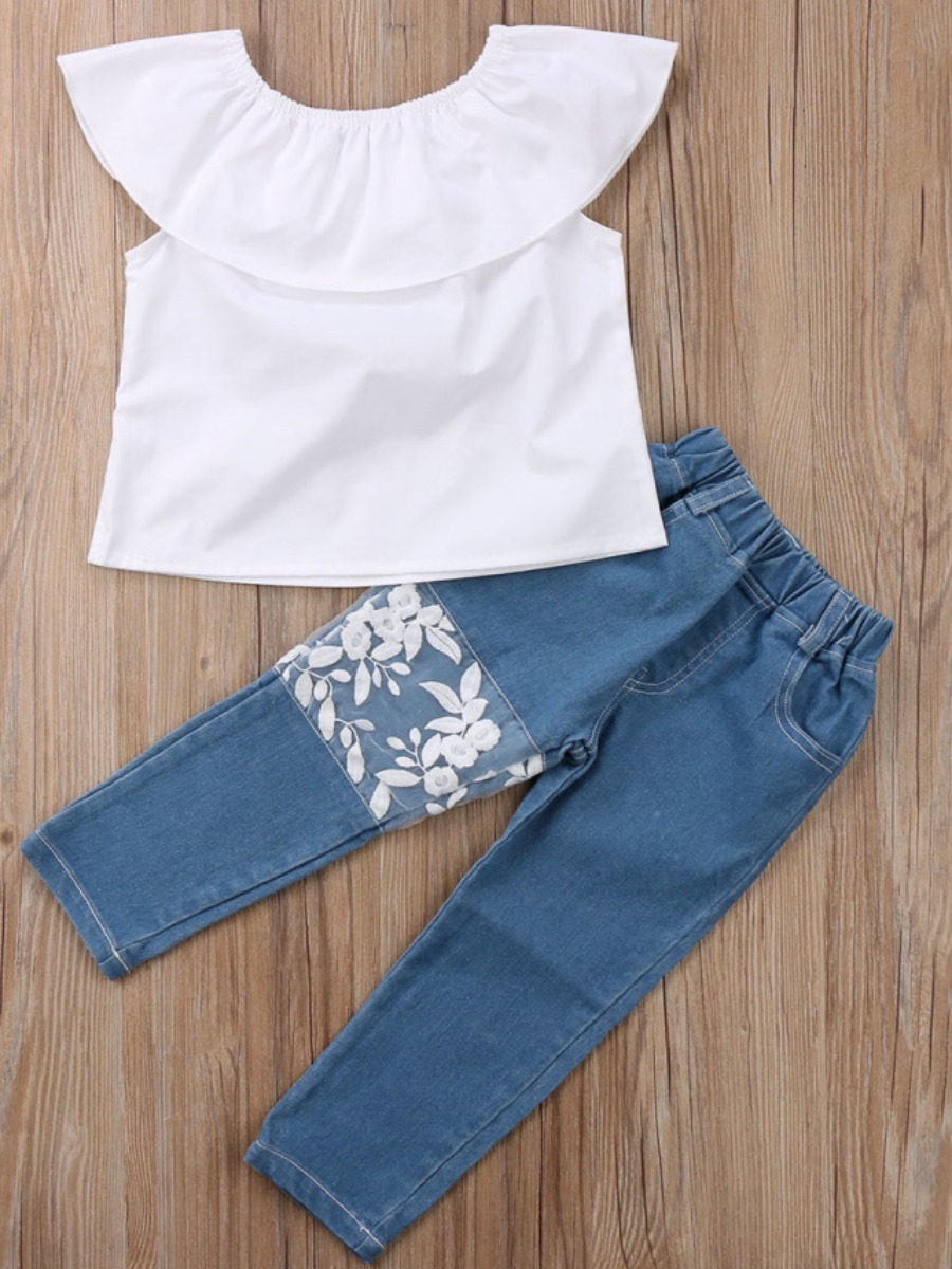 

lovely Trendy O Neck Patchwork Blue Girl Two-piece Pants Set