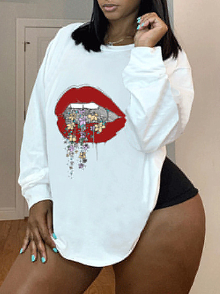 

Lovely Leisure O Neck Lip Print White Plus Size T-shirt