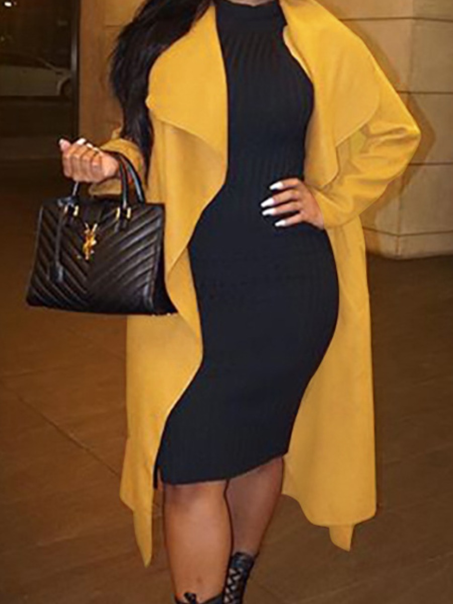 

lovely Stylish Turndown Collar Asymmetrical Yellow Trench Coat