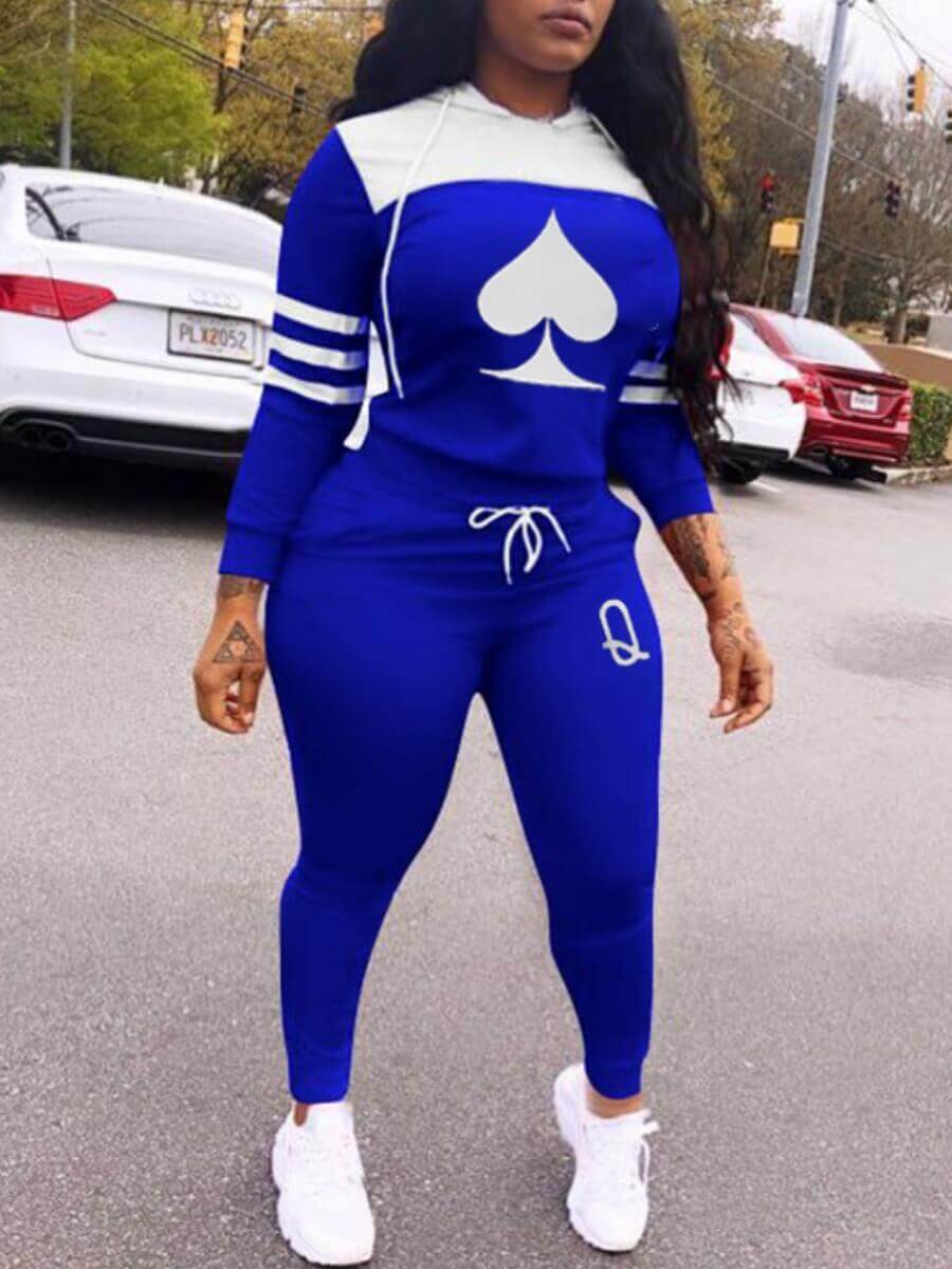 

Lovely Leisure Hooded Collar Print Patchwork Blue Two Piece Pants Set