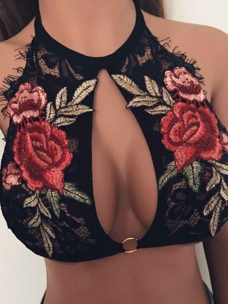 

lovely Sexy Hollow-out Embroidered Black Sleepwear